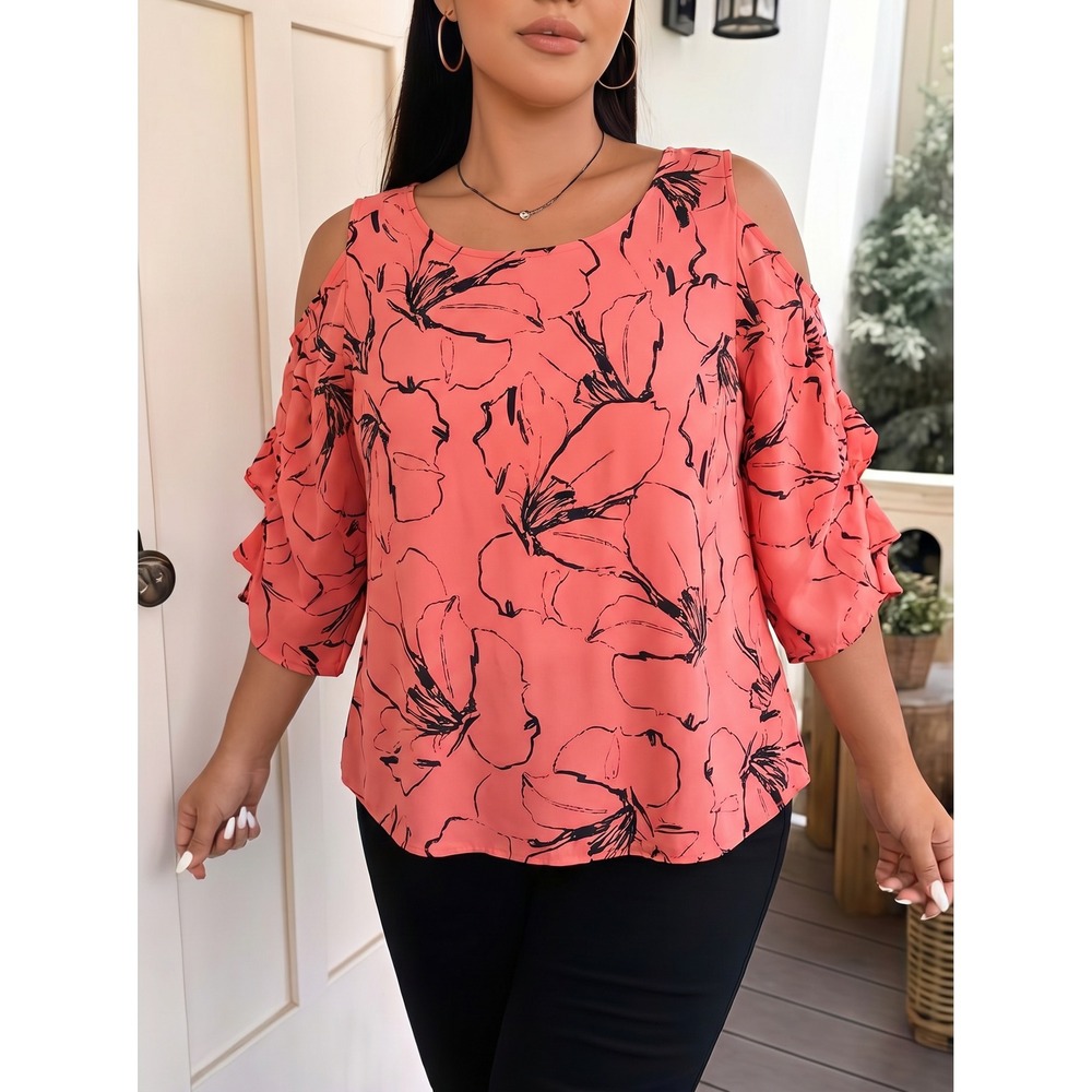Bold Elements Cold Shoulder Top Womens XL Coral Floral Good Ruffle Sleeve Blouse